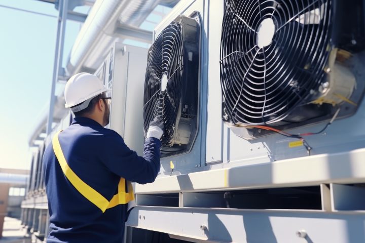 A man in a hard hat is working on an air conditioner. This image can be used to illustrate HVAC maintenance or repair services